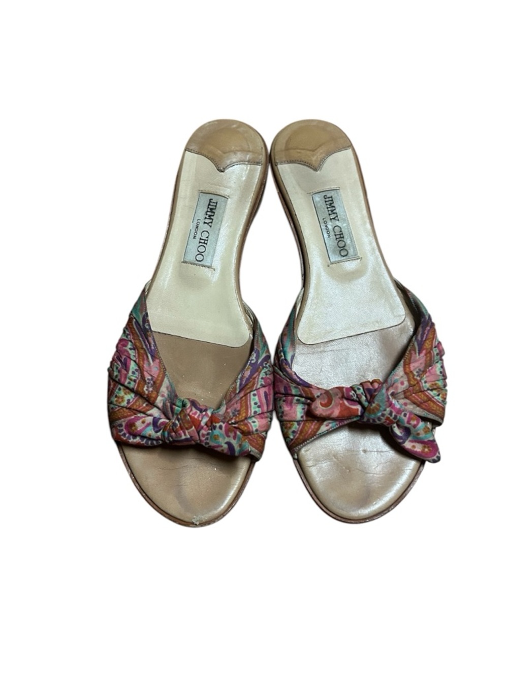 Jimmy Choo Multicolor Patterned Bow Slide Mules with Tan Footbed